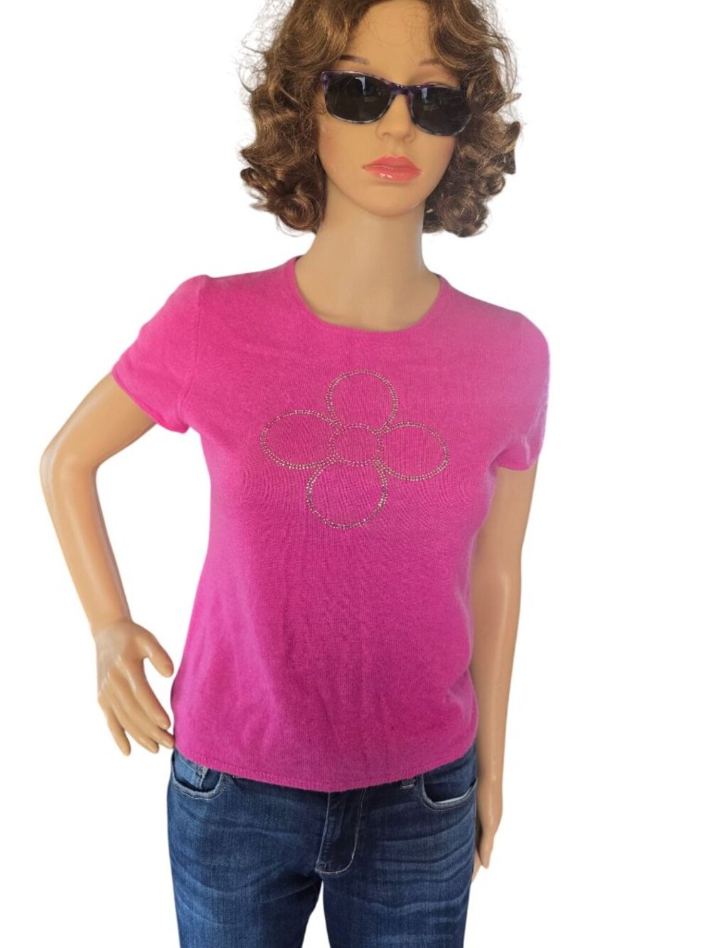 Vintage y2k Saks Fifth Avenue Cashmere Baby Tee Pink Rinestone Flower Size Mediu